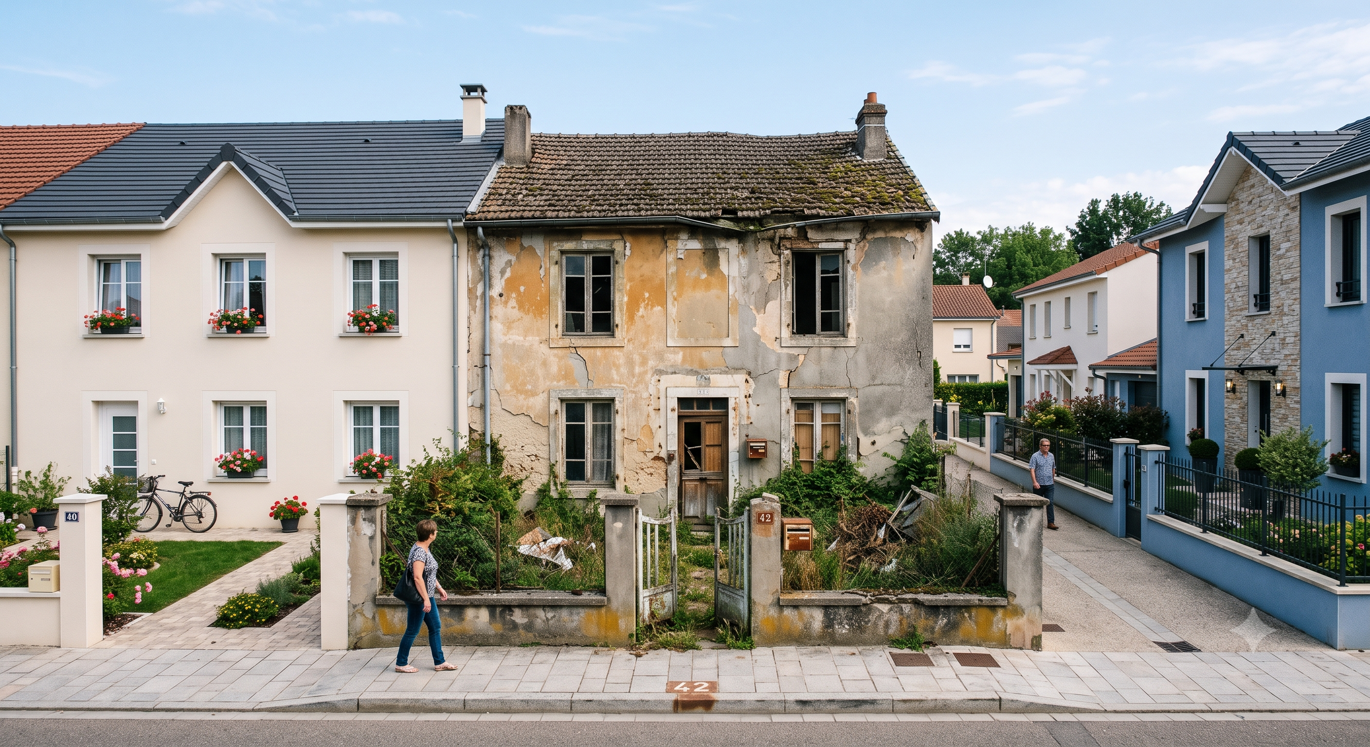 Une photographie réaliste montrant une maison ancienne et délabrée (au centre, numéro 42), avec une façade en ruine et un jardin envahi par la végétation, prise en sandwich entre deux maisons
